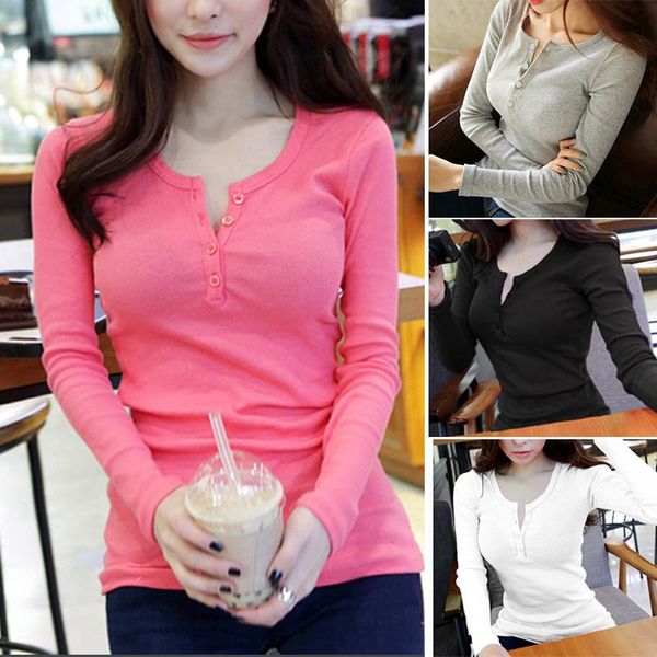 

women's korean button thread solid color long sleeve t-shirt slim top, White