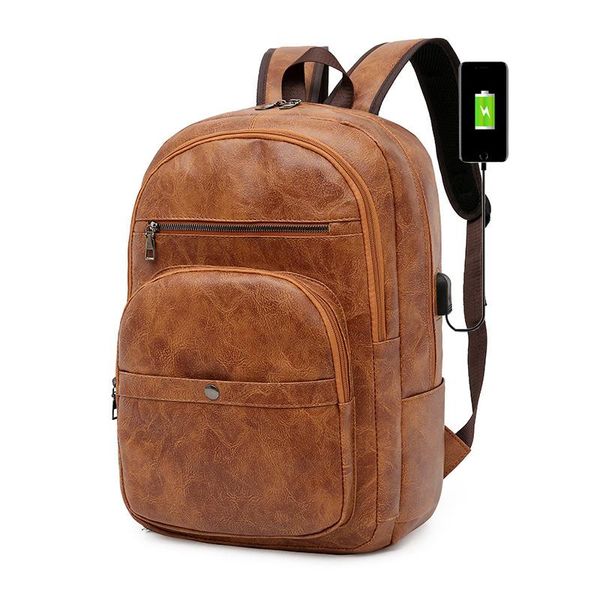 

backpack retro pu leather men usb waterproof large capacity back pack male