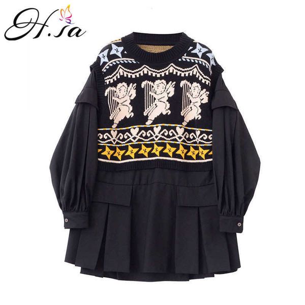 

h.sa spring clothes for women korean style sweater and pullovers fake 2 pieces patchwork knitwear oversized pull femme 210716, White;black