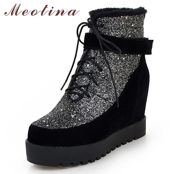 

winter ankle boots women glitter height increasing high heel short lace up round toe shoes lady autumn size 34-43 210517, Black