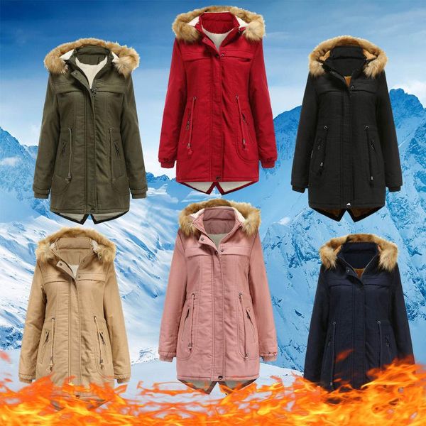 

women's winter parkas zipper mid-length fleece detachable hooded fur collar warm jacket casual thick down cotton coat outwear#g3 &, Black