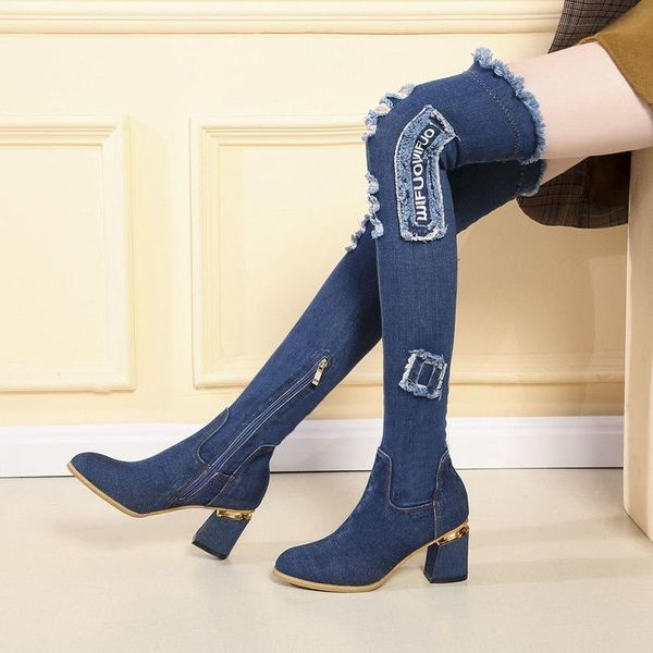 

boots 2021 fashion women fall over the knee cowboy boot for girl comfort high heels ladies zipper chunky shoes, Black