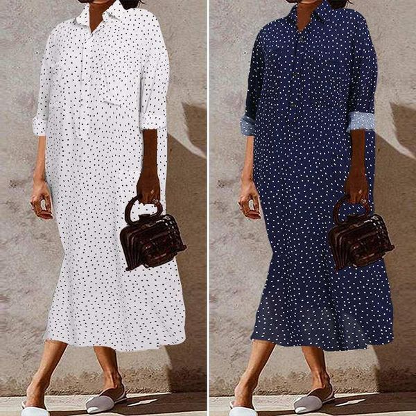 

casual dresses elegant printed shirt dress women's spring sundress zanzea 2021 casaul long sleeve midi vestidos female polka dot robe p, Black;gray