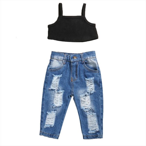 

summer fashion kids baby girls casual sleeveless solid color and ripped jeans 2pc set 1 5y, White