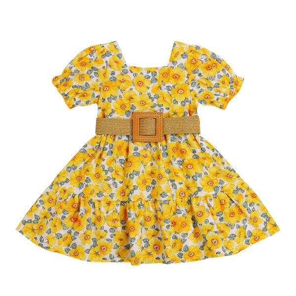 Citgeett Summer Kids Girls Abbigliamento casual Set Colletto quadrato giallo Abito a maniche corte Cintura Cintura Abbigliamento Q0716