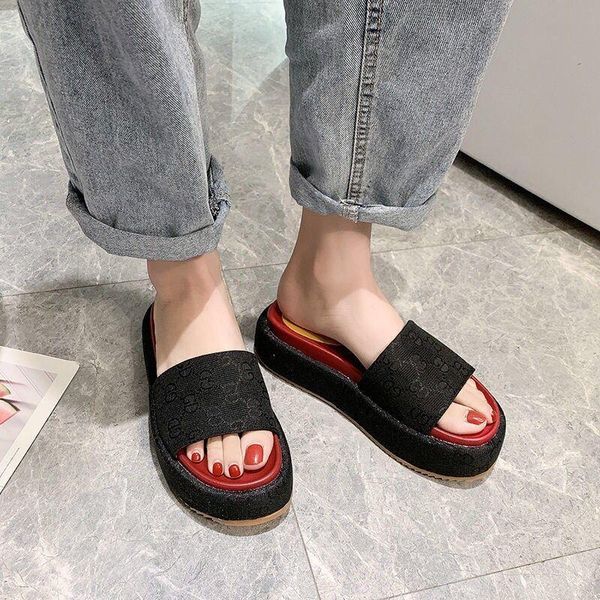 

dress shoes 2021 summer high-quality canvas surface women slippers thick bottom word drag women's sandals high heels casual shoe, Black