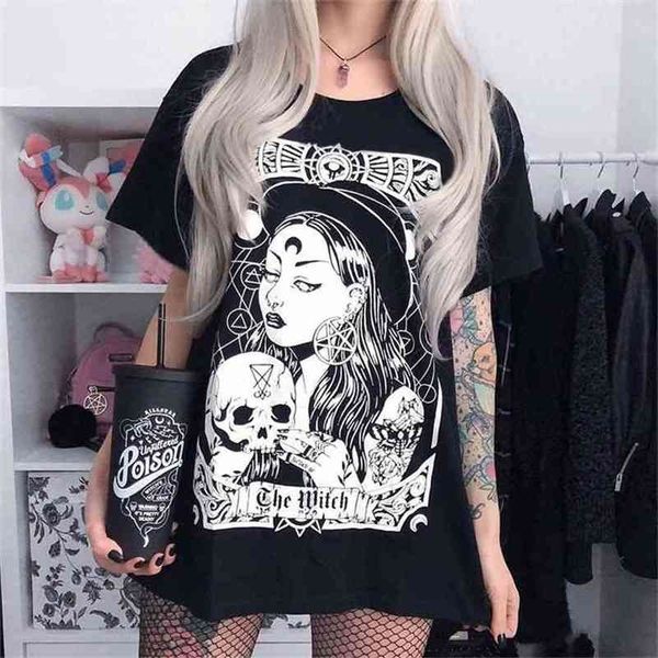 

the witch goth printed t shirt short sleeve cotton fashion streetwear women summer o-neck printing tee 210512, White