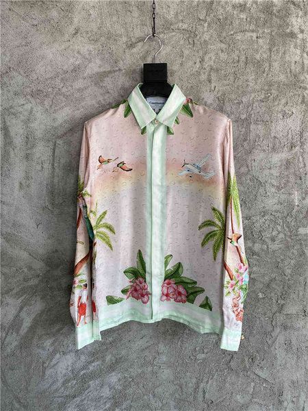 Casablanca Beach Wave Bandiera Shirt dipinto in raso della camicia a maniche lunghe di seta a sfioramento hawaiano 8548