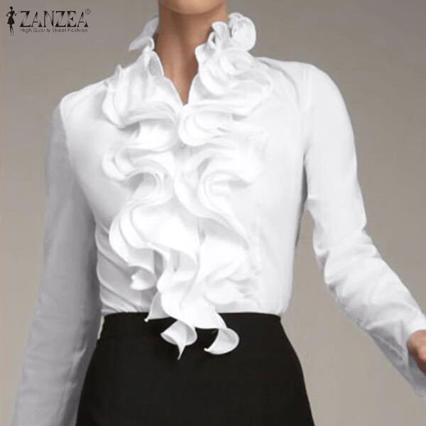 

s 3xl zanzea ladies chic tunic spring office ruffles shirts women long sleeve elegant work flounce blouse female blusas, White