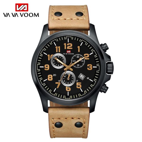 

wristwatches vava voom fashion men watches military quartz watch premium leather waterproof sport chronograph, Slivery;brown