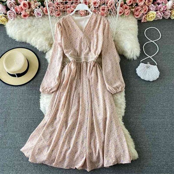 

women's spring printed v-neck lace up waist puff sleeve floral chiffon midi dress d071 210506, Black;gray