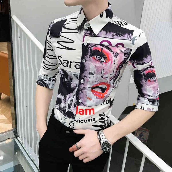 

mens casual slim fit summer shirts male half sleeve print hairstylist work man pattern tuxedo shirt men, White;black