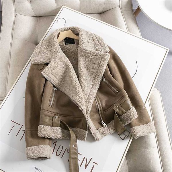 

ailegogo winter women thick warm vintage suede lamb biker jacket coat chic sashes casual loose faux leather outwear female 220112, Black
