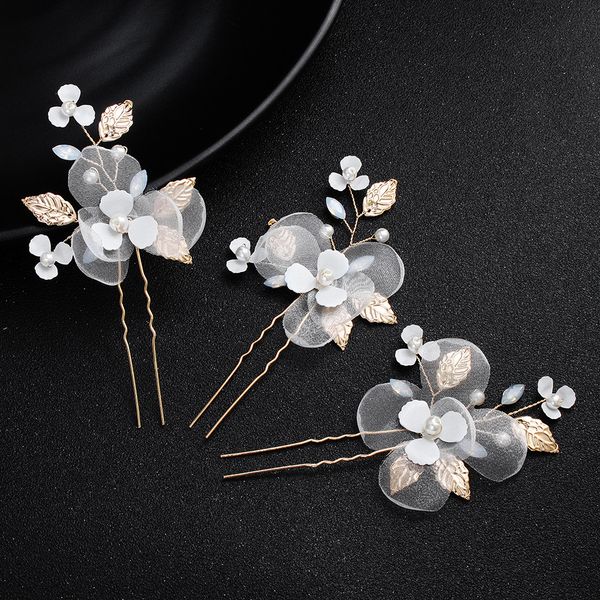 

3 pcs/lot gold color hairpins clips blossom organza crystal headpiece wedding hair accessories jewelry for women jcf041, Golden;silver