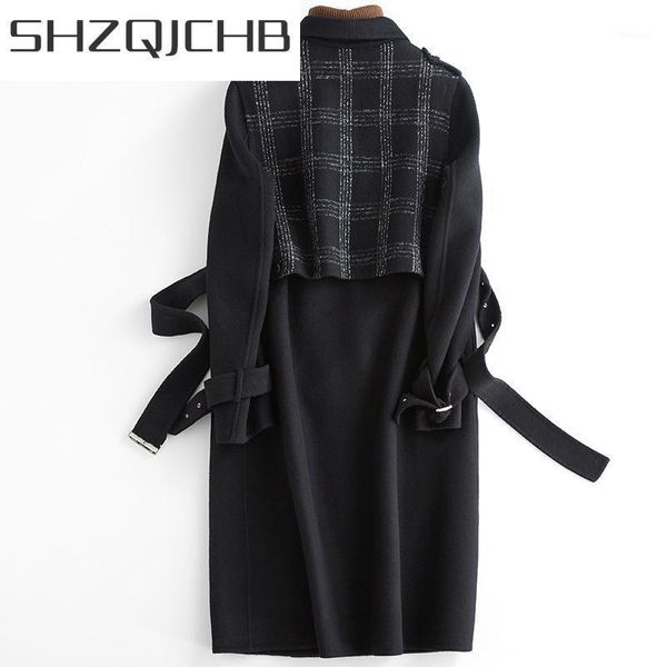 

women's wool & blends shzq elegant autumn winter coat women vintage female long jacket korean both sided woolen clothes black overcoat