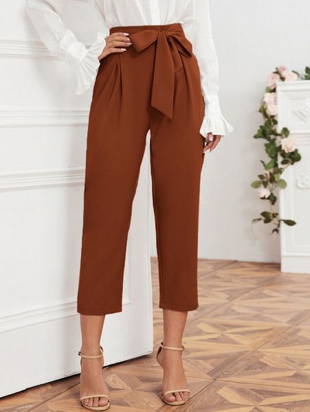 

solid self tie cropped pants c2fz#, Black;white