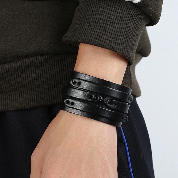 

vintage punk jewelry genuine leather bracelet men's retro rope cuff brown wrap wristband women gifts tennis, Golden;silver