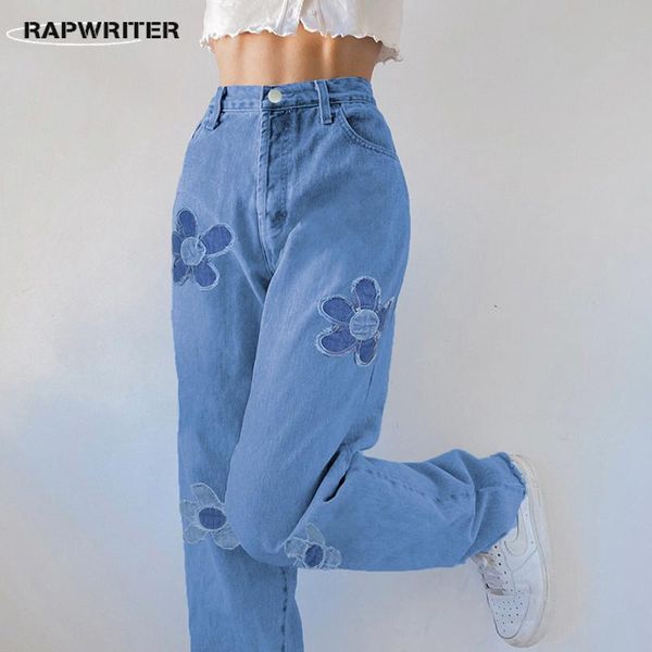

women's jeans rapwriter floral patchwork denim pants y2k loose blue harajuku straight trousers women high waist cargo casual 2021