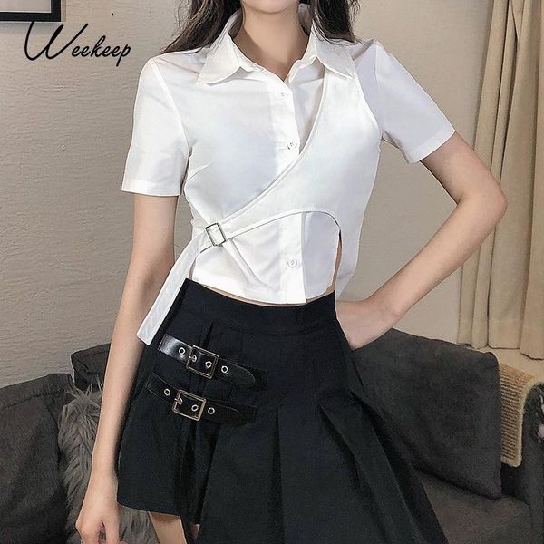 

women's t-shirt weekeep elegant solid cut out women short sleeve buttons up tee shirt summer chic y2k white crop harajuku streetwear