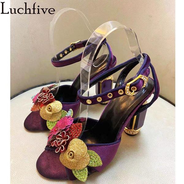 

dress shoes crystal flowers glass heels sandals peep toe women ankle strap outwear luxury purple ladies, Black
