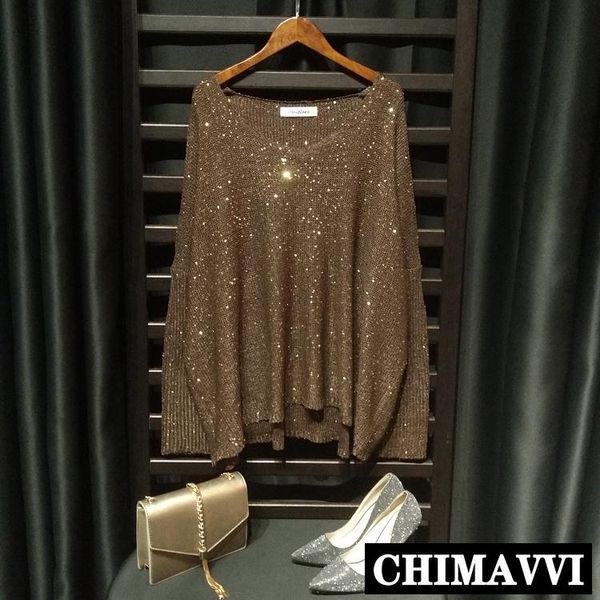 

elegant bat sweater ladies shiny long sleeves loose sequin knitted blouse fashion women's knitwear feminine sweaters, White;black