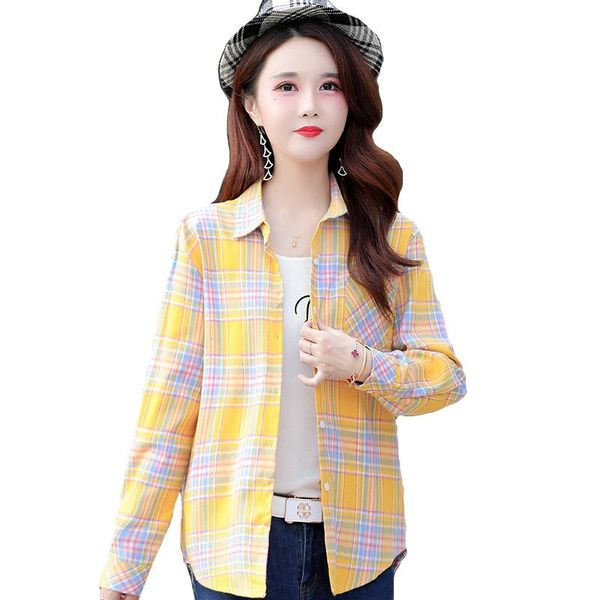 

women's blouses & shirts 2021 fashion plaid thin cotton pockets checkered shirt female slim turn-down collar casual -xxxl, White