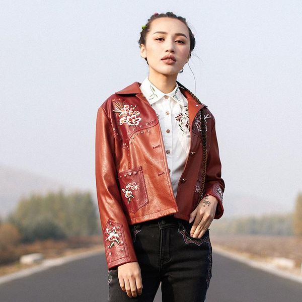 

women's leather & faux indie folk style retro embroidery pu jackets female autumn fashion single breasted rivet beading outerwear f54, Black