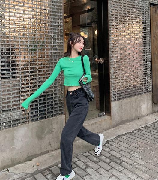 

high waist drape denim broad-legged female pants loose in a straight line scrub the ground autumn and winter father 2021, Blue