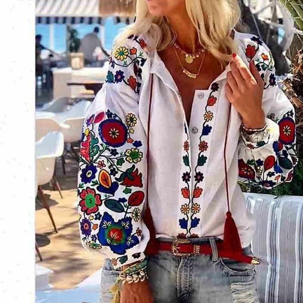 

fashion boho long womens blouses puff sleeve flower print v neck casual loose ladies blouse clothes, White