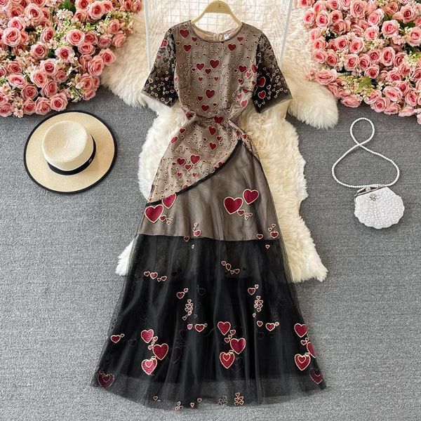 

casual dresses runway design love heart embroidery dress for women vintage mesh short sleeve o-neck perspective princess robe femme, Black;gray