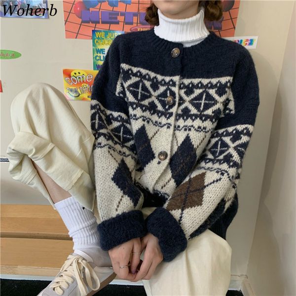 

casual knitted cardigan women fall winter korean vintage geometric jacquard harajuku cardigans female pull jacket 210417, White;black