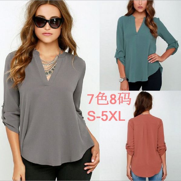 

large female v-neck long sleeve pleated loose chiffon shirt 7 colors 8, White
