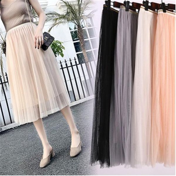 

skirts 2021 summer tulle women a-line elastic high waist elegants long female black midi skirt clothes pz1097