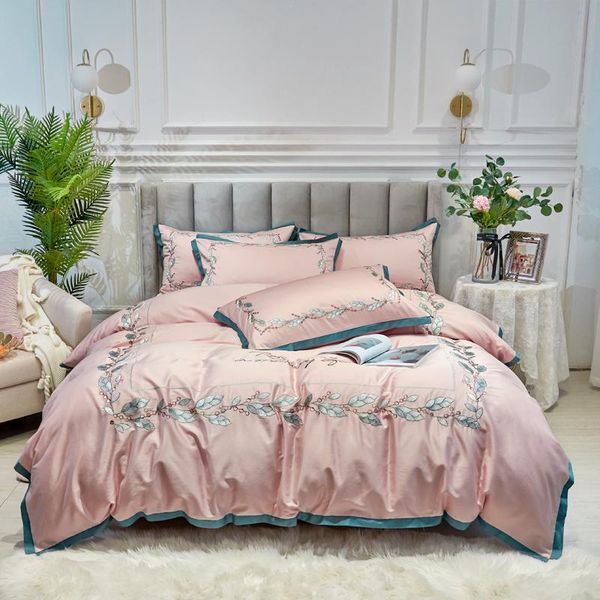 

bedding sets pink 60s egyptian cotton 4pcs set classical satin embroidery  king size duvet cover bed sheet linen pillowcases