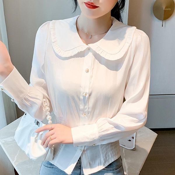 

women's blouses & shirts long sleeve white blouse women blusas mujer de moda 2021 doll collar chiffon shirt e306
