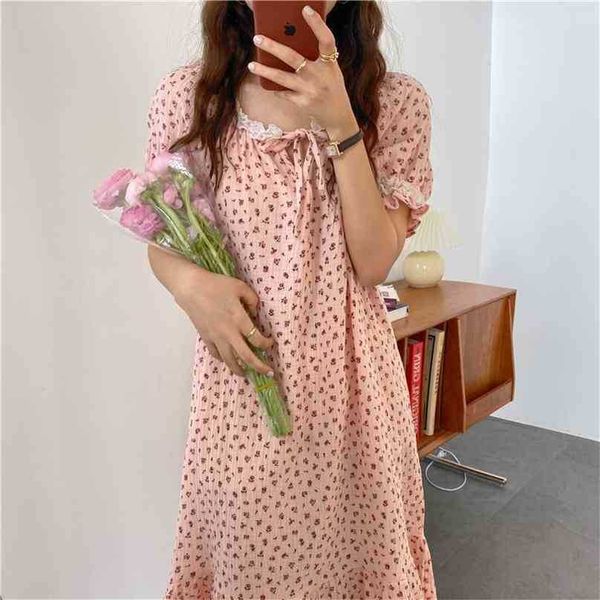 Pijamas de nightdress rosa Impresso Florals Homerwear Sweet Loose All Match Prom Verão Sleeves Curto Vestido 210525