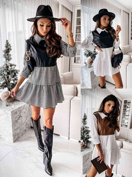 

women's dresses 2021 shirt collar color matching, Black;gray