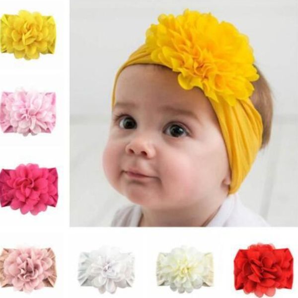 

tiktok kids newborn gilrs soft nylon headband hairbands with big flower chiffon floral baby hair wrap wide hairbands designers head band pri, Slivery;white
