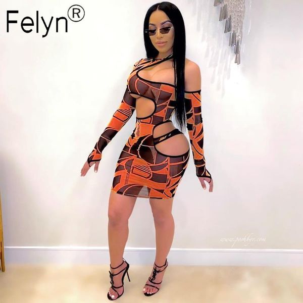 

casual dresses felyn 2021 quality fashion mesh dress print hollow out one shoulder transparent thin night club mini vestidos, Black;gray
