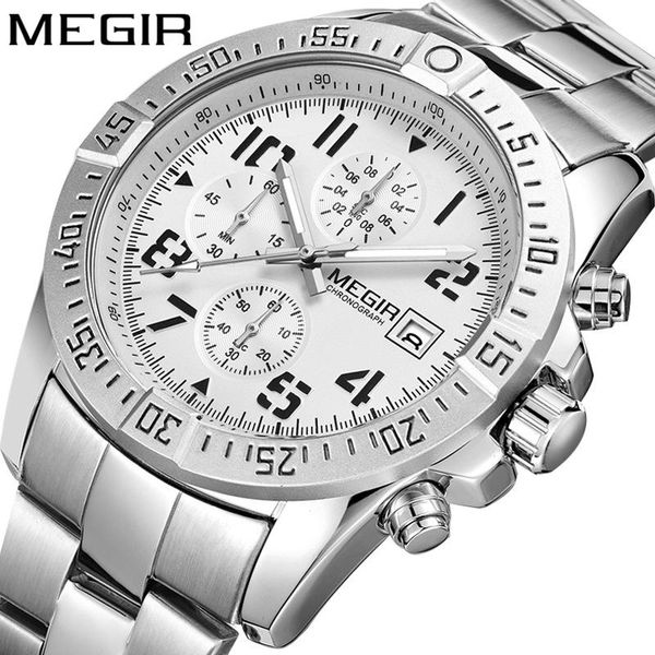 

wristwatches megir fashion luminous trend men's watch stainless steel multifunction three eye watches chronograph running seconds 2030g, Slivery;brown