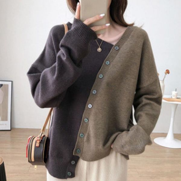 

women's sweaters korean fashion women patchwork knits sweater leak single-breasted long sleeve v-neck pullover loose autumn winter fema, White;black