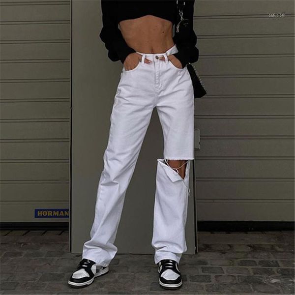 

women's jeans autumn fashion streetwear safari style holes ripped white high waist woman casual cargo denim pants girl straight, Blue