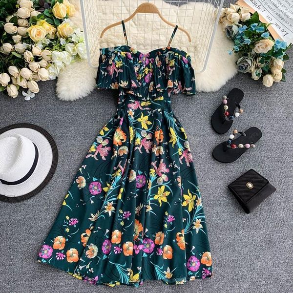 

boho ruffles vintage floral women dresses print summer off shoulder midi long dress party casual spaghetti strap beach holiday vestidos, Black;gray