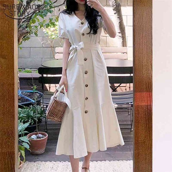 

summer simple french fresh vintage high waist v-neck long dresses short sleeve lace up fishtail single breasted dress 10256 210508, Black;gray