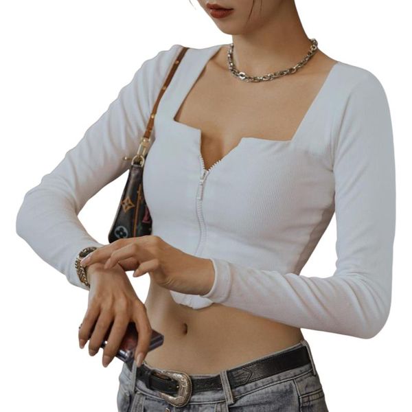 

women's t-shirt women fashion long sleeve zipper stylish solid color crop for ladies female, White