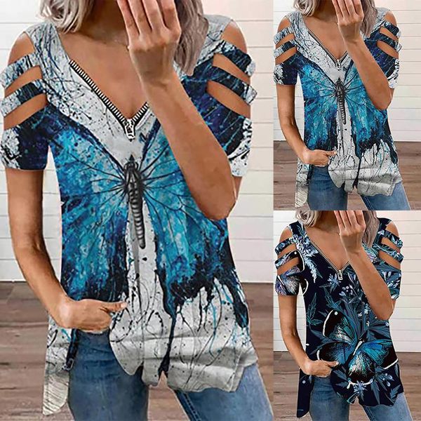 

women's blouses & shirts summer fashion printing o-neck short sleeve strappy cold shoulder t-shirt clothes for women chemisiers, White