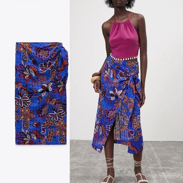 

za summer high waist womens skirts sarong vintage flower print ruching midi female fashion drapped beach, Black