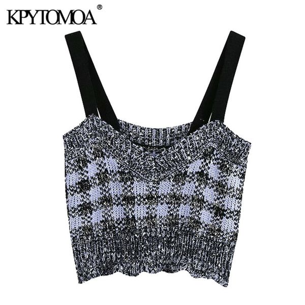 

women sweet fashion patchwork plaid cropped knitted tank vintage backless wide straps female camis chic 210416, White
