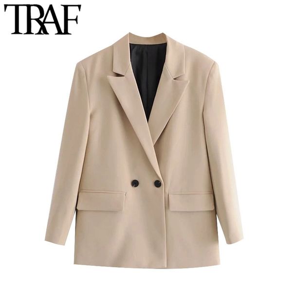 

traf women fashion double breasted loose fitting blazer coat vintage long sleeve pockets female outerwear chic 210330, White;black