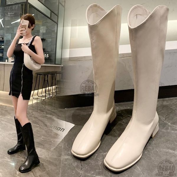 

boots 2021british style designer women's are thin, square-toe high-heeled thick-heeled high boots, straight butknee boot rebai, Black